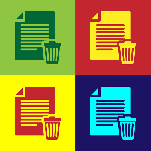 Color Borrar icono de documento de archivo aislado en fondos de color. Hoja de papel con signo de papelera de reciclaje. Icono de documento rechazado. Cruza sobre papel. Diseño plano. Ilustración vectorial
 - Vector, imagen