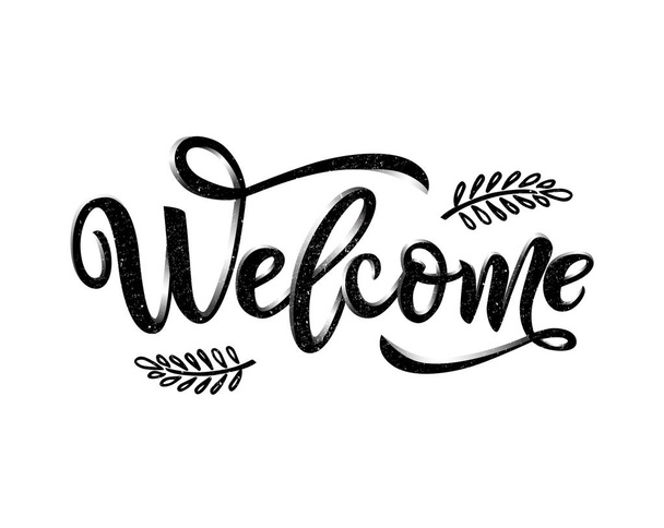 Welcome calligraphy lettering with decorative elements of branches. black color. isolated - Vecteur, image