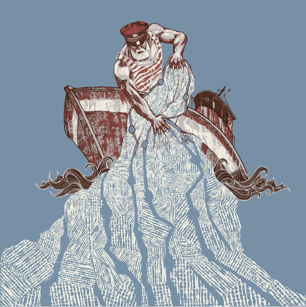 Мужчина-рыбак тянет сети, векторная иллюстрация
  - Вектор,изображение