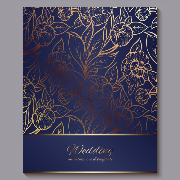 Gyönyörű királyi luxus esküvői meghívó, arany kék háttérrel keret és hely a szöveg, csipkés lombozat készült Rózsa vagy pünkösdi rózsa arany fényes gradiens. - Vektor, kép