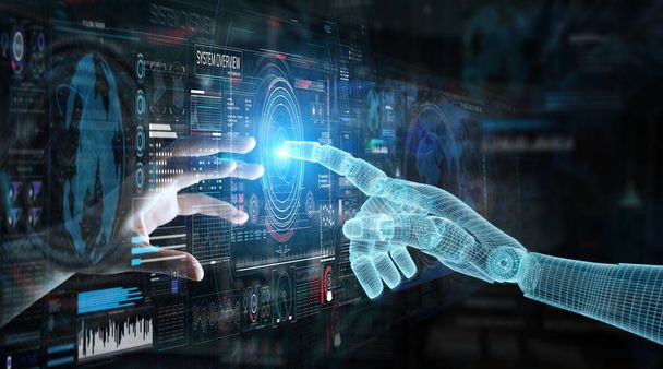 Wireframed mão robô e mão humana tocando gráfico digital inte
 - Foto, Imagem