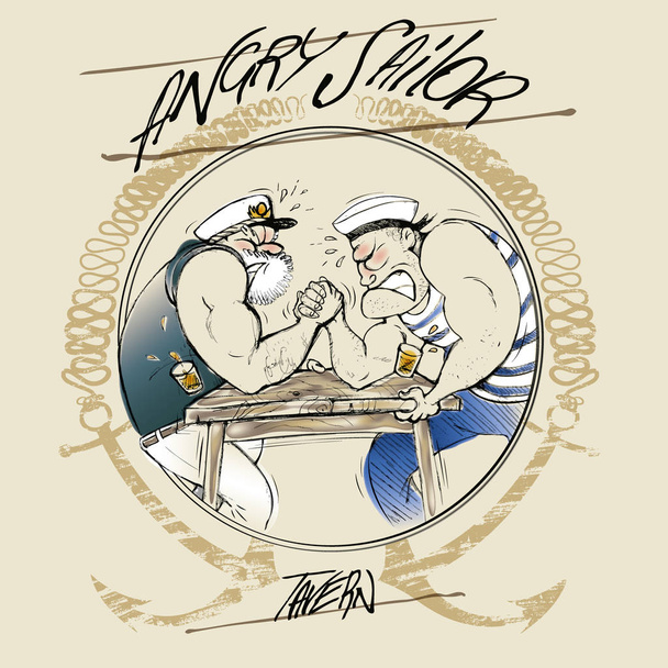 Drunk old sailors doing arm wrestling - Vector, Image
