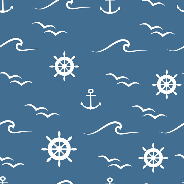 White wheels, waves, birds and anchors on blue background vector seamless pattern. - ベクター画像