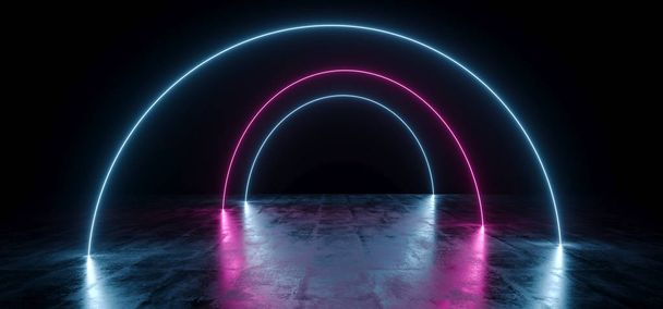 Neon parlayan lazer Fluorescen şeklinde karanlık boş siyah daire ark - Fotoğraf, Görsel