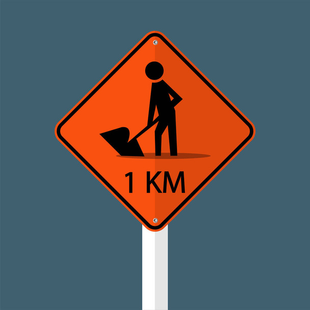 road construction ahead 1km.Sign isolated on grey sky background.Vector illustration - Vector, Image