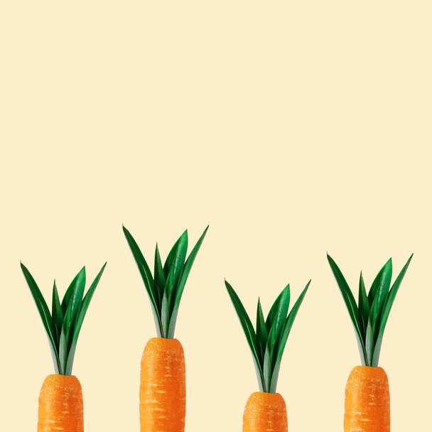 Carrot with pineapple leaves on pastel yellow background. Minimal spring composition. - Фото, изображение