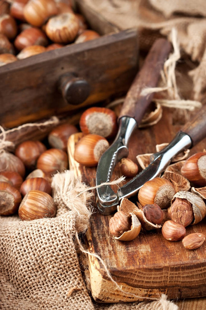 Hazelnut with nutcracker on  wooden board - Φωτογραφία, εικόνα