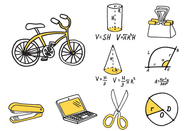 Conjunto de equipamentos escolares ícones doodle
 - Vetor, Imagem