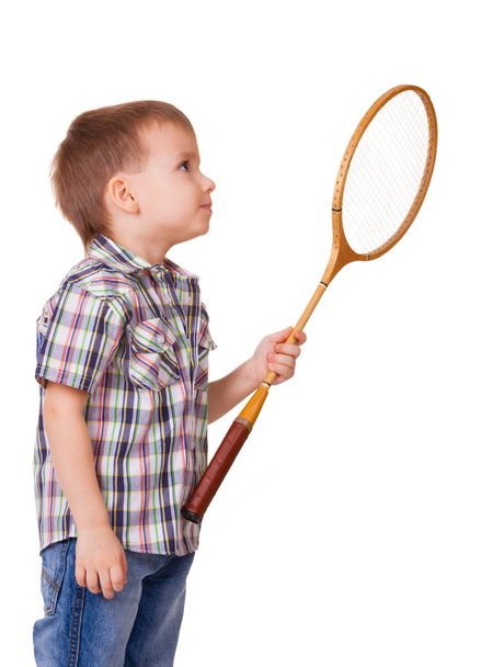 Boy with badminton racket on white - Foto, Imagem