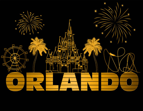 Orlando letras de oro en el fondo negro. Vector con iconos de viaje y fuegos artificiales. Postal de viaje
 - Vector, imagen