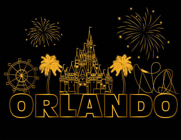 Orlando arany betűkkel a fekete backround. Vektor utazási ikonok és a tűzijáték. Utazási képeslap. - Vektor, kép