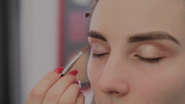 Make-up Artist past professionele make-up om een mooi jong meisje. Nieuw concept in make-up. - Video