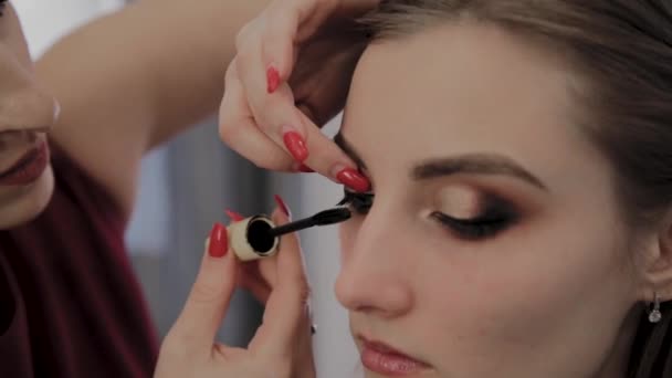 Makeup artist applies professional makeup to a beautiful young girl. New concept in makeup. - Кадры, видео