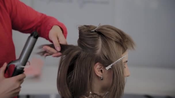 Professional hairdresser does a girls hairstyle for a photo shoot. - Footage, Video