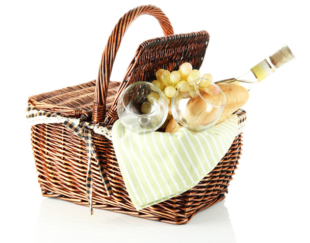 Picnic basket with grape and bottle of wine, isolated on white - Photo, Image