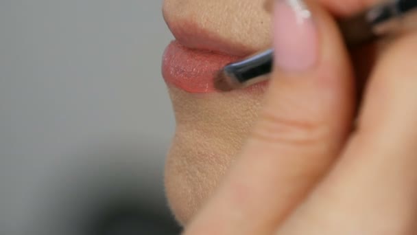 Keski-ikäinen aikuinen nainen kauneushoitolassa. Stylisti muodostavat master maalaa huulet huulipunalla käyttäen erityistä harjalla. Kasvojen haalistunut iho. Ikään liittyvät muutokset lähikuva
 - Materiaali, video