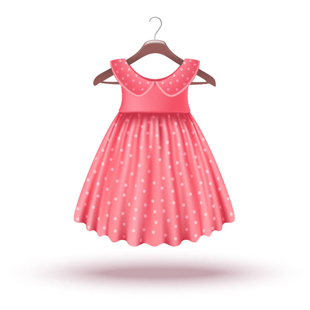 3d リアルなベクトルアイコン: 赤ちゃんの女の子のワードローブは、ハンガーに特別の機会のためのピンクのドレス. - ベクター画像