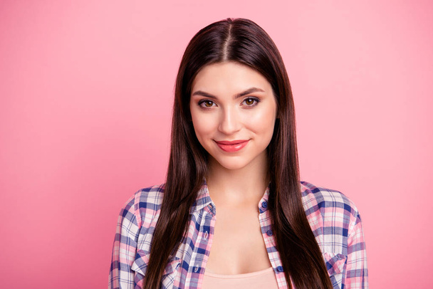 Close up photo amazing beautiful her she lady perfect brown eyes long straight hair attractive beaming smile wear casual checkered plaid shirt clothes outfit isolated pink bright background - Φωτογραφία, εικόνα