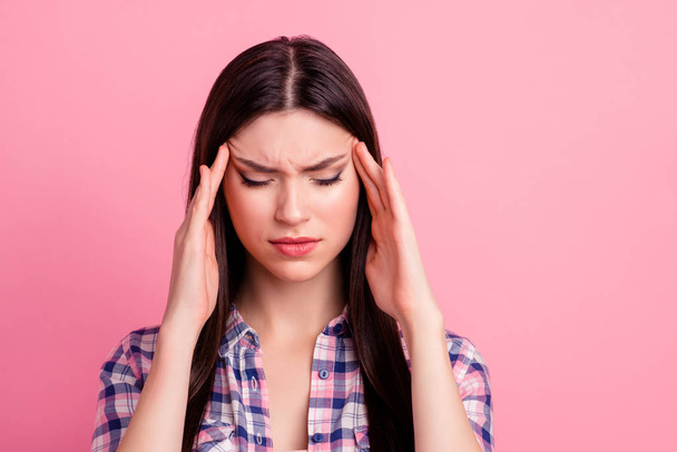 Close-up portrait of her she nice-looking attractive cute charming confused worried puzzled straight-haired lady having pain attack temples closed eyes isolated over pink pastel background - Foto, imagen