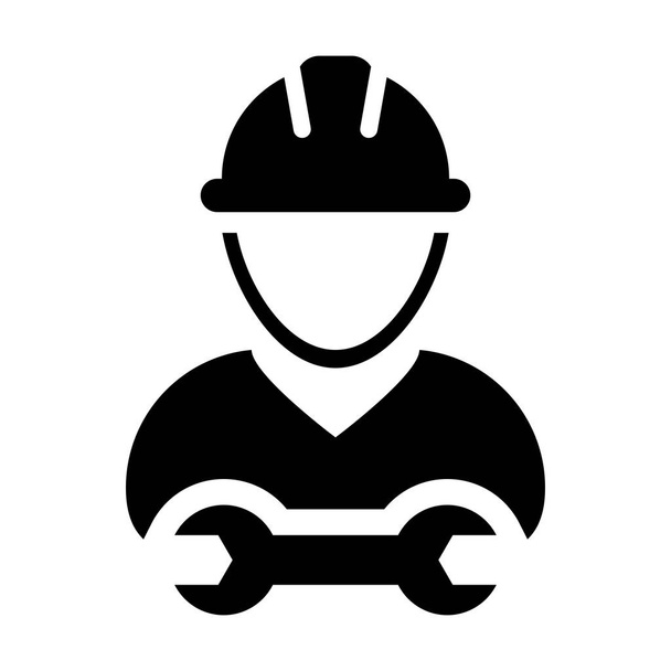 Employee icon vector male construction worker person profile avatar with hardhat helmet and wrench or spanner tool in glyph pictogram illustration - Vector, Image