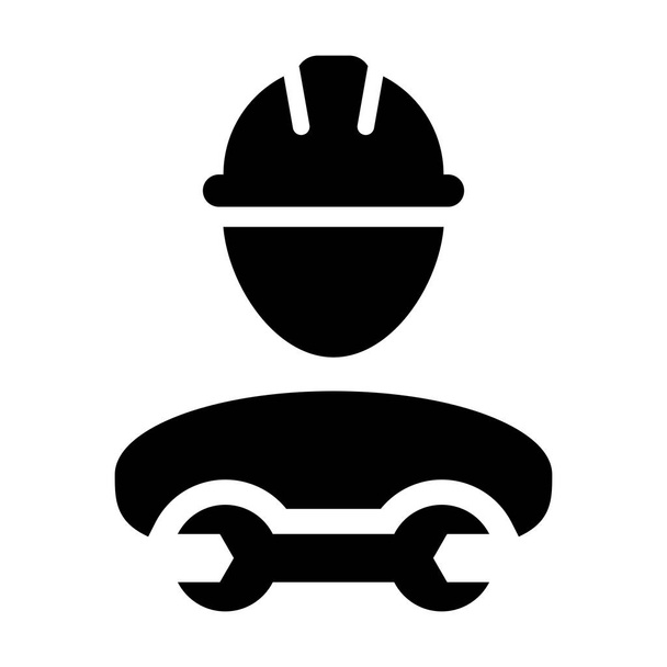 Indústria trabalhador ícone vetor masculino construção serviço pessoa perfil avatar com capacete hardhat e chave ou chave ferramenta de chave na ilustração pictograma glifo
 - Vetor, Imagem