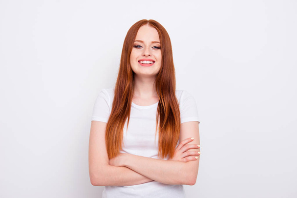 Close up photo amazing beautiful she her straight long hair arms crossed self-confident modern time business working lady wear casual t-shirt outfit clothes isolated white light background - Foto, imagen