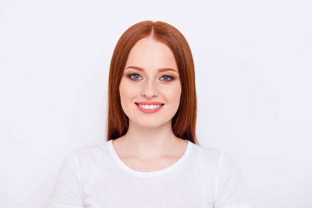 Close up photo beautiful amazing she her lady kindhearted overjoyed look wondered interested curious camera long straight hair wearing casual t-shirt outfit clothes isolated white light background - Valokuva, kuva