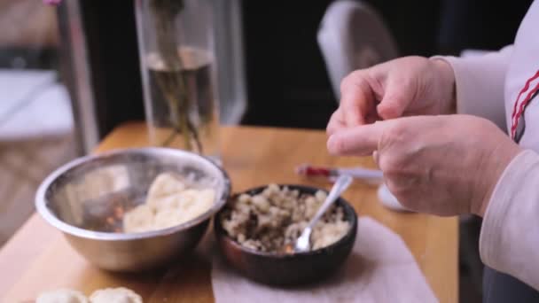 close up female hands makes dumplings with minced meat. female cook quickly and skillfully makes dumplings, Vareniki - national Ukrainian dish, Traditional Ukrainian cuisine. - Video, Çekim