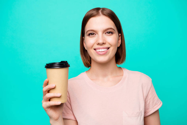 Close up photo beautiful amazing her she lady hold arm paper hot coffee take away made best way wakeup awaking favorite americano latte cappuccino wear casual t-shirt isolated teal turquoise - Photo, Image