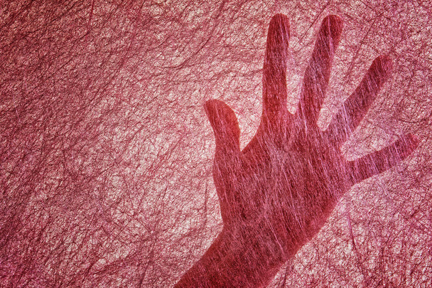 Women's palm for a thin burgundy felt fabric resembling a spider web. Arachnophobia. Search using perception. - Photo, Image