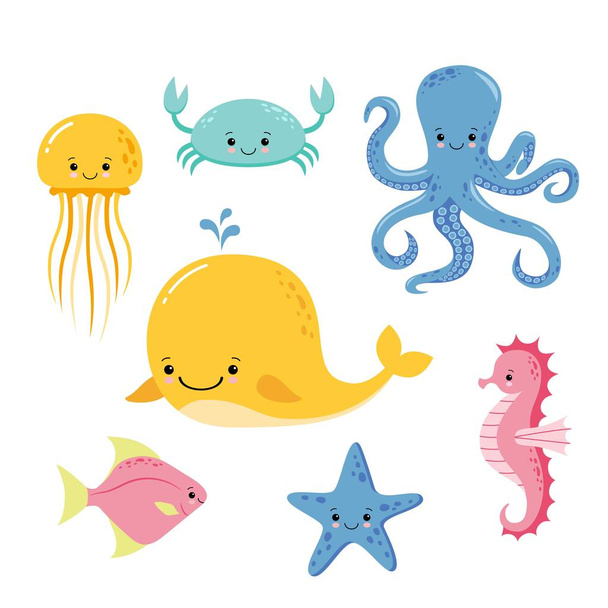 Cute baby sea fishes. Vector cartoon underwater animals collection. Jellyfish and starfish, ocean and sea life illustration - Vector, Image