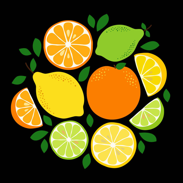 Cute Citrus Delight Fruits Lemon, Lime and Orange background in vivid tasty colors - Vektor, obrázek