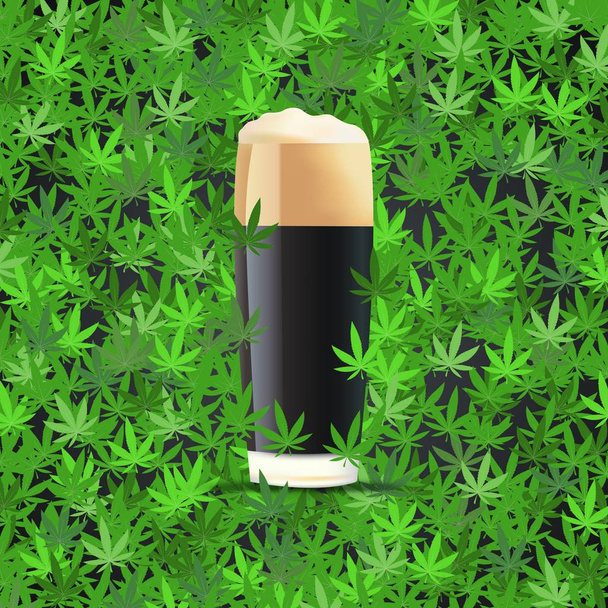 大麻の葉の背景に黒ビール - ベクター画像