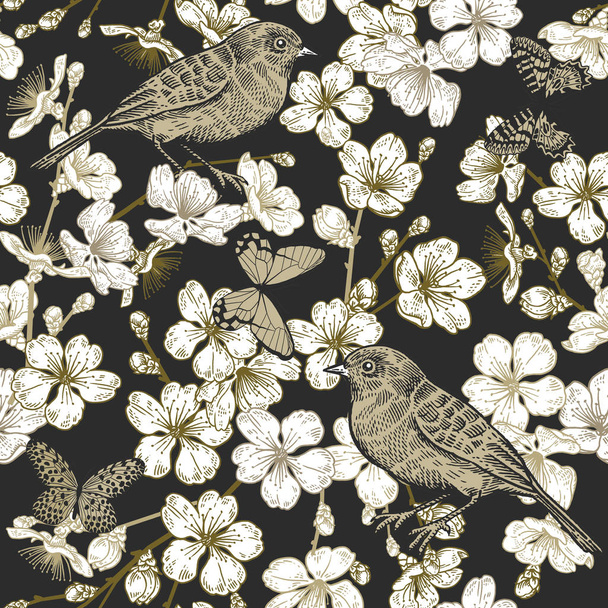 Japanese cherry, bird and butterflies. Seamless pattern. - Wektor, obraz