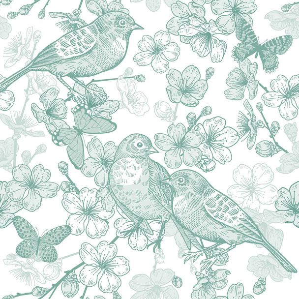 Japanese cherry, bird and butterflies. Seamless pattern. Green a - Vector, imagen