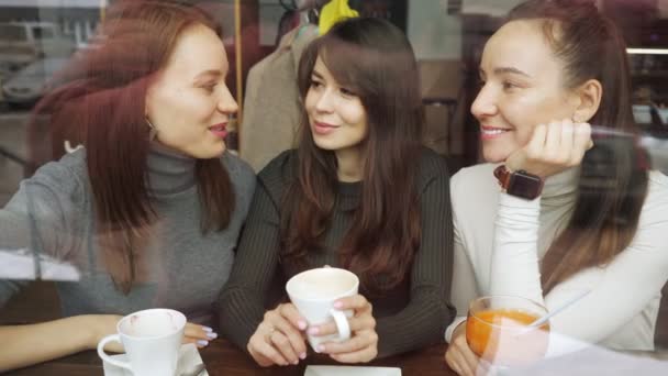 Las mujeres amigas en un café se están divirtiendo charlando y bebiendo sus bebidas. Vista desde detrás del vidrio
. - Metraje, vídeo
