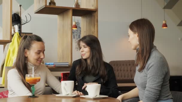 Trzy dziewczyny kobiety w kawiarni są rozmowy i picia ich napoje. - Materiał filmowy, wideo