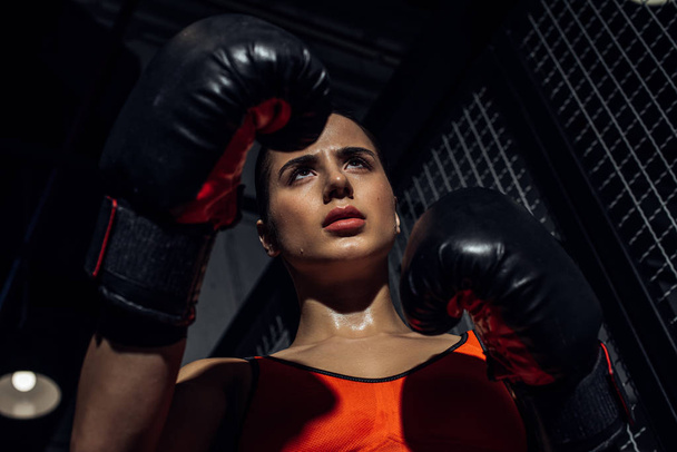 Low angle view of boxer in boxing gloves looking away - Photo, Image