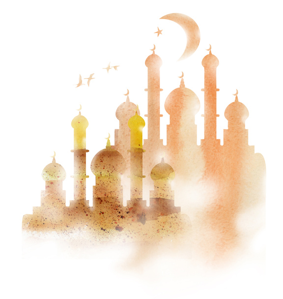 Ramadan kareem tervehdys islamilainen juhla tummansininen ja kullanvärinen kuvioita kortin tausta. Muslimien vanha moskeija. Siluetti erottuu kauniisti taivaalla, jossa linnut lentävät ja puolikuu ja tähti loistaa
 - Valokuva, kuva