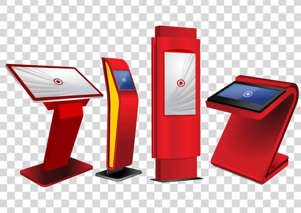 Négy piros promóciós interaktív információs kioszk reklám Display Terminal állni, érint képernyő bemutatás átlátszó háttér elszigetelt. Mintája fel sablon - Vektor, kép
