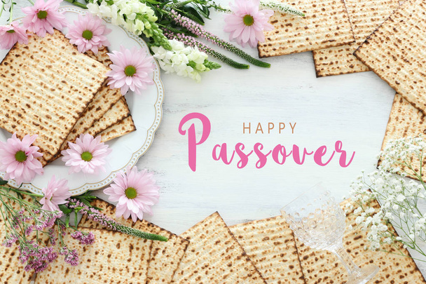 Pesah celebration concept (jewish Passover holiday). Top view, flat lay - Zdjęcie, obraz