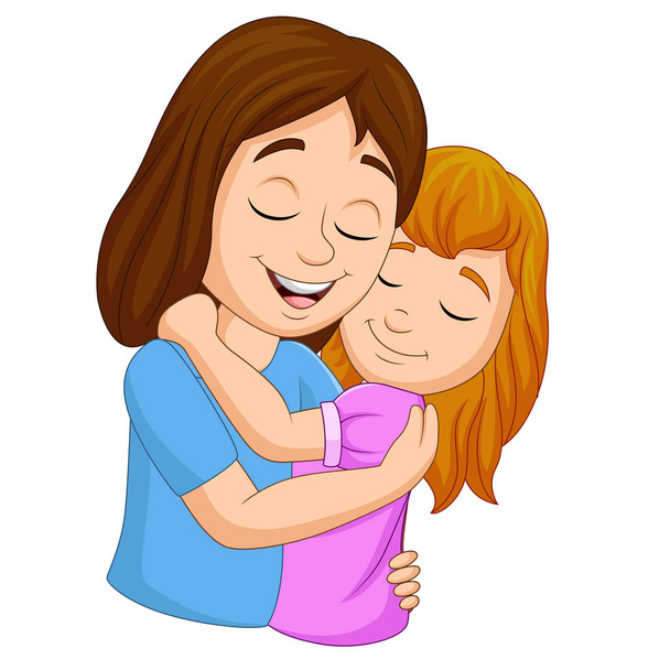 Ilustración vectorial de dibujos animados madre feliz abrazando a su hija
 - Vector, Imagen
