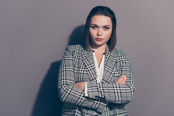 Portrait of her she nice-looking charming lovely beautiful attractive classy lady employee employer employment wearing checked blazer folded arms isolated over gray violet purple background - Photo, image