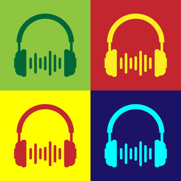 Auriculares de color y el icono de ondas de sonido en fondos de color. Señal de auriculares. Objeto conceptual para escuchar música, servicio, comunicación y operador. Diseño plano. Ilustración vectorial
 - Vector, imagen