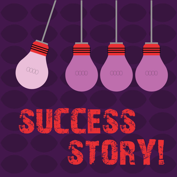 Conceptual hand writing showing Success Story. Business photo text story of demonstrating who rises to fortune or brilliant achievement Color Pendant Bulb Hanging with One Different Shade Lightbulb. - Photo, Image
