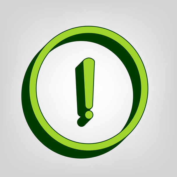 Exclamation mark sign. Vector. Yellow green solid icon with dark green external body at light colored background. - Vector, Image