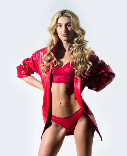 Dangerously sexy. Perfect body. Sexy blond woman. Hair beauty of sensual girl. Fashion model with fit belly. Erotic lingerie and underwear. Sexy woman with long curly hair. Making sleepwear sexy - Zdjęcie, obraz