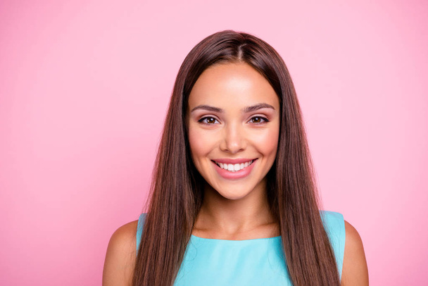 Close up photo of fabulous pretty cute sweet youngster feeling good having good mood enjoying life wearing blue clothes isolated on rose-colored background - Foto, Imagem