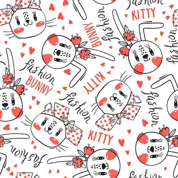 Seamless pattern with faces of cats and rabbits in hairpins bows. Fashion kawaii bunny and kitty. Vector illustration - Vector, Image