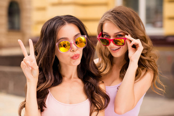 Close up photo of sweet elegant lifestyle lady travel students long hair trip free time make v-signs touch bright modern specs satisfied confident dream dreamy inspired pastel outfit town center - Foto, immagini